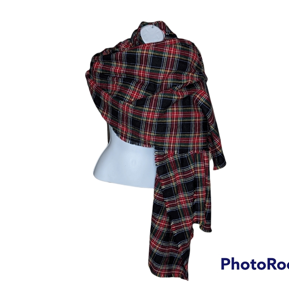 Large Red Plaid Wrap or Throw with Fringed Edges